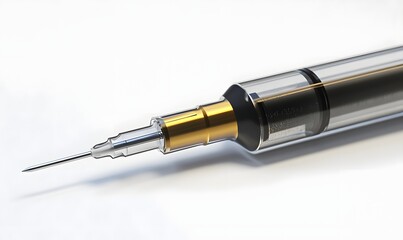 Close-up of a transparent medical syringe with a sharp needle and gold connector on a white background.