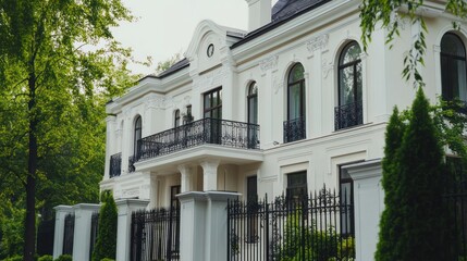 Fototapeta premium Elegant white mansion with intricate details and lush greenery surrounding it.