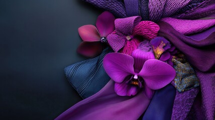 Vibrant purple orchids with rich, colorful fabric background.