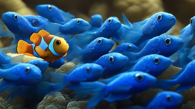 One orange clownfish among many blue fish on coral reef.