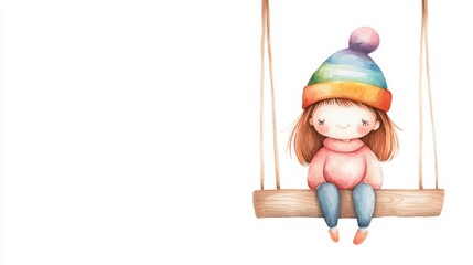 A whimsical illustration of a girl sitting on a swing, wearing a colorful rainbow hat, radiating a playful and cheerful vibe.