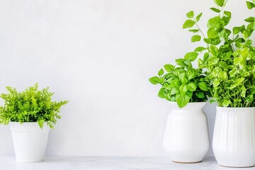 Fresh Green Plants in White Pots on a Stylish Light Gray Background