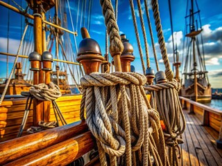 Obraz premium Historic Wooden Sailing Ship Mast and Rigging Detail - Rope, Pulley, and Sail Gear Close-up