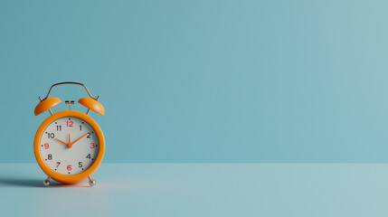 Orange alarm clock on light blue background