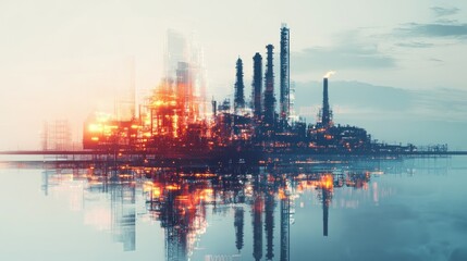 Fototapeta premium Futuristic industrial landscape with reflections, showcasing energy production and technology.