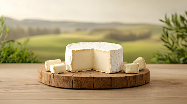 Creamy cheese wheel on wooden board, idyllic countryside backdrop; perfect for food blogs or cheese packaging.