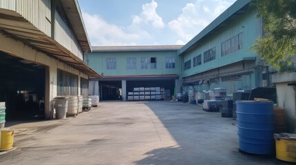 Industrial area with warehouses and storage barrels under a clear sky.