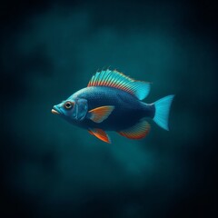 Fototapeta premium Blue and orange tropical fish in deep aquatic setting.