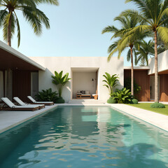 Fototapeta premium Mur en plâtre, reflets d’eau de piscine et ombres de palmiers dans une ambiance luxueuse de maison de plage