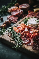 sausage and cheese slices on a cutting board. Selective focus