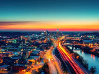 Vibrant city skyline at sunset with busy roads and flowing lights.