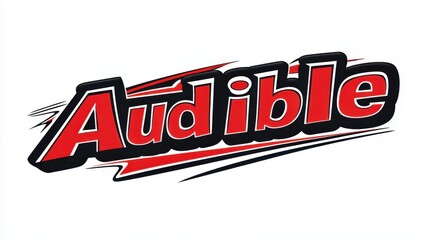 Design "Audible" Text in Red, White, Black, Bold Comic Font