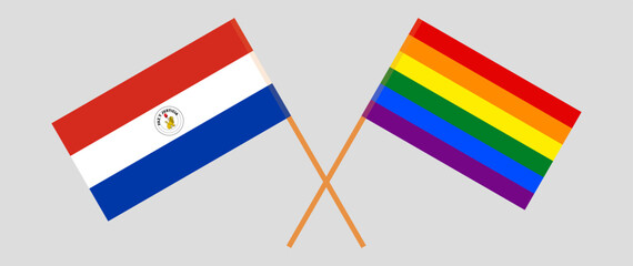 Crossed flags of Republic of Paraguay and LGBTQ. Official colors. Correct proportion. Vector illustration