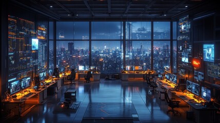 Futuristic control room with panoramic city views, displaying data streams on multiple screens.