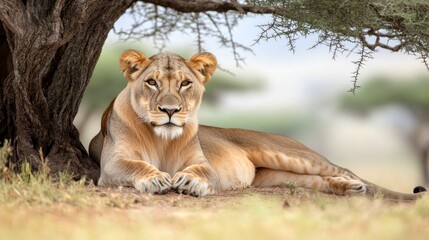 A lioness resting gracefully under a tree in a serene landscape.