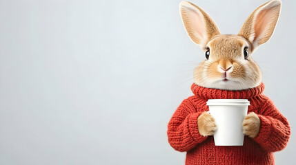 Cute bunny in red sweater holding coffee cup against light grey background. Perfect for winter holiday greeting cards or cafe promotions.