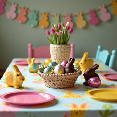 Cheerful Children's Easter Table with Bunny Motifs and Pastel Decorations