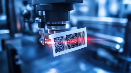 Modern robotic arm scanning barcode and qr code on product label in automated manufacturing process, ensuring quality control and efficient tracking in industrial setting