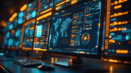 Futuristic, high-tech server room with multiple computer monitors displaying data visualizations, world map, charts and graphs.