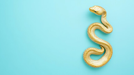 Fototapeta premium Golden snake figurine on light blue background symbolizing elegance and creativity