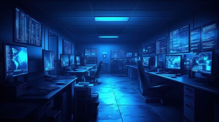 Fototapeta premium Futuristic, dark, cybersecurity, control room, illuminated by blue light, filled with multiple computer screens displaying data, and network graphic displays, in a well-lit room, interior scene.