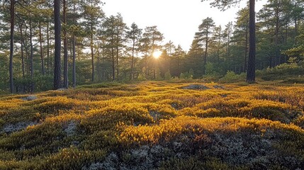 Fototapeta premium Golden sunset illuminating mossy forest floor in tranquil woods