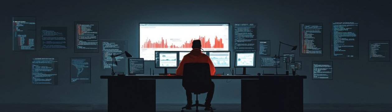 Person analyzing data on multiple screens in a dark room.