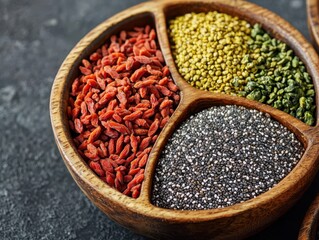 Fototapeta premium Holistic wellness nutrition approach concept. A wooden bowl divided into sections contains colorful spices: red goji berries, yellow mustard seeds, green herbs, and black chia seeds.