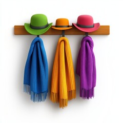 Colorful Hats and Scarves Hanging on a Wooden Wall Rack