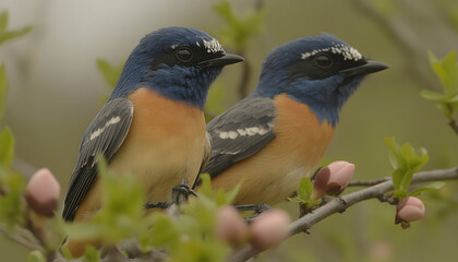 Fototapeta premium Two vibrant blue-and-orange birds perched on a blossoming branch, showcasing their intricate plumage against soft spring foliage.
