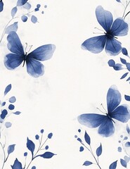 A delicate floral design featuring blue butterflies and leaves on a soft, light background, creating a serene and artistic ambiance.