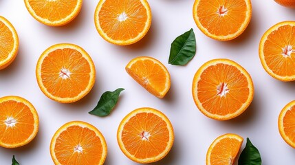 Juicy Orange Slices with Leaves on White Background