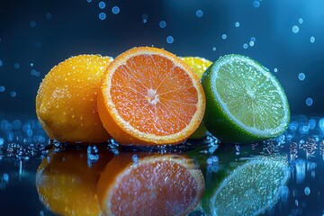 Fresh citrus fruit slices in closeup vibrant atmosphere food photography studio setting high fidelity visuals