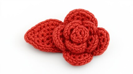 Handcrafted Red Crochet Flower and Leaf Design on White Background
