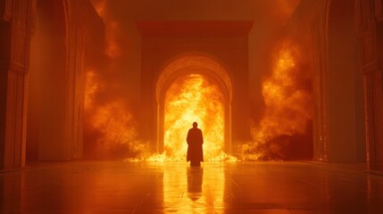 Silhouette of a Person in a Burning Hallway