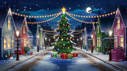 Magical Christmas Eve Night  Snowy Village Street  Illuminated Houses  Decorated Tree  Gif