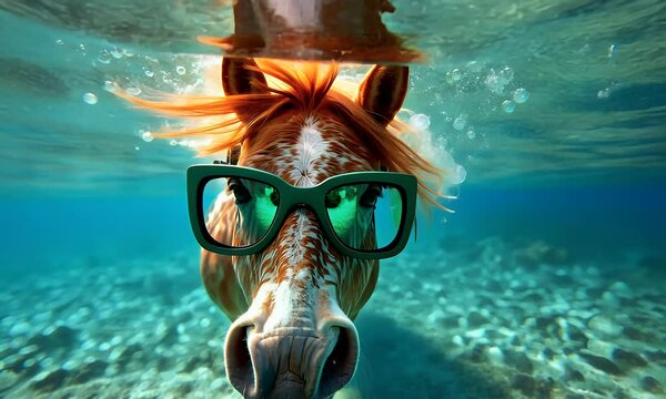 a cute horse wearing diving goggles in a swimming pool is diving