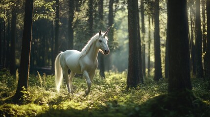 Majestic unicorn walks sunlit forest path