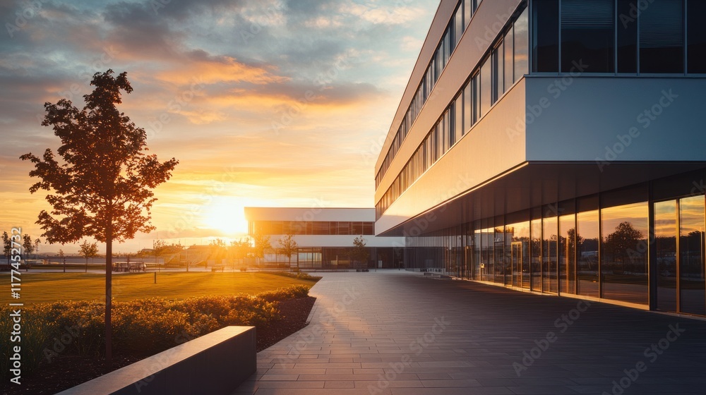 Poster modern building with large windows and sunset backdrop, showcasing contemporary architecture.
