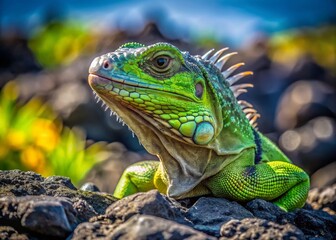 Fototapeta premium Iguana Basking on Volcanic Rock: A Candid Portrait of Wildlife in its Natural Habitat