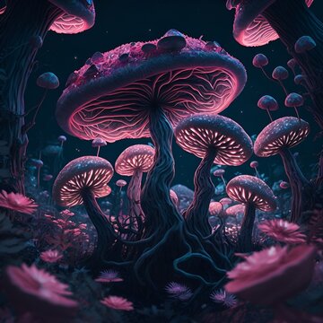 Trippy muchroom character , fungi, oceanic , hyper realistic , A high-definition CG rendering of a dark rose forest