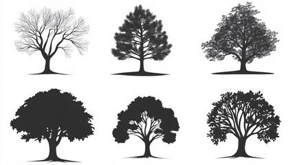 Fototapeta premium Diverse Silhouettes of Trees in Various Shapes and Styles for Nature Themes