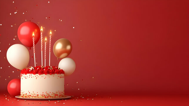 Festive red birthday cake with candles and balloons against a solid red background; perfect for celebratory greetings.