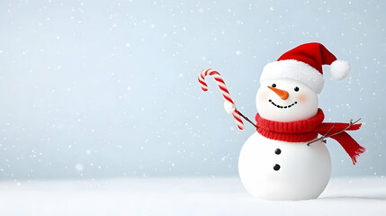 Festive snowman holding candy cane, snowy background, Christmas greeting card.