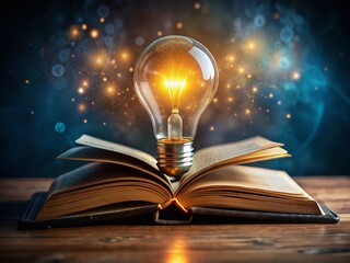 Illuminated Ideas: Glowing Light Bulbs Above Open Book on Dark Background