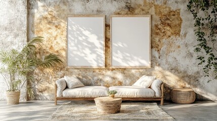 Bohemian Chic Living Room Interior Mockup with Blank Frames