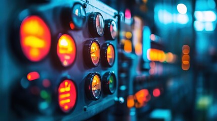 Illuminated gauges and indicators on a control panel provide crucial data monitoring and control within a vibrant industrial manufacturing environment, enhancing operational efficiency and safety