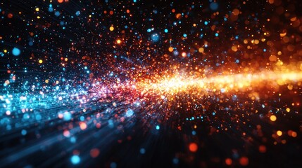 Obraz premium Colorful particles stream across dark space, radiating light beams. Ideal for digital backgrounds