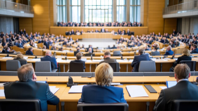 Large parliamentary assembly convening within a modern government building setting