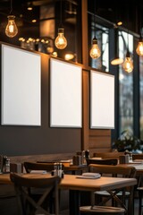 Modern Restaurant Interior Design with Blank Menu Boards and Warm Lighting